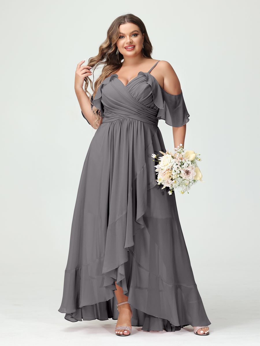 A-Linie/Princess-Linie Spaghettiträger V-Ausschnitt Kurze Ärmel Chiffon Rüschen Asymmetrisch Brautjungfernkleider In Übergröße