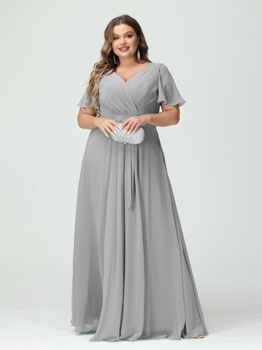 A-Linie/Prinzessin V-Ausschnitt Kurze Ärmel Chiffon Seitlich Geschlitzt Übergröße Brautjungfernkleider mit Taschen Gürtel