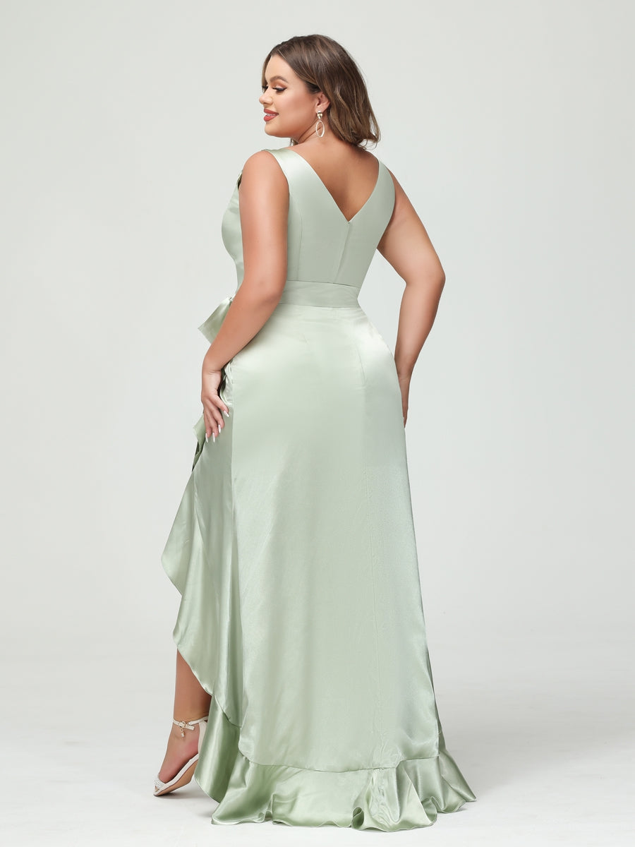 Etui-/Säulen-Kleid mit V-Ausschnitt Ärmellos Rüschen Hoch-Niedrig Plus-Size-Kleider mit Taschen Und Schärpe
