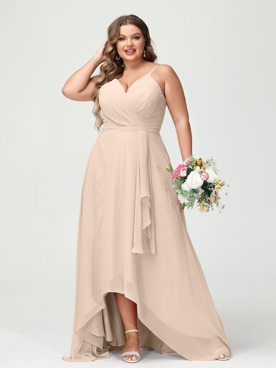 A-Linie/Prinzessin Spaghettiträger Chiffon Rüschen Asymmetrisch Übergröße Brautjungfernkleider mit Taschen
