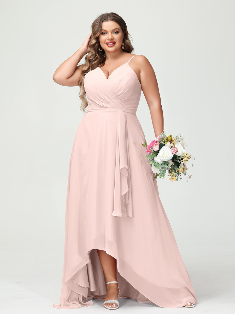 A-Linie/Prinzessin Spaghettiträger Chiffon Rüschen Asymmetrisch Übergröße Brautjungfernkleider mit Taschen