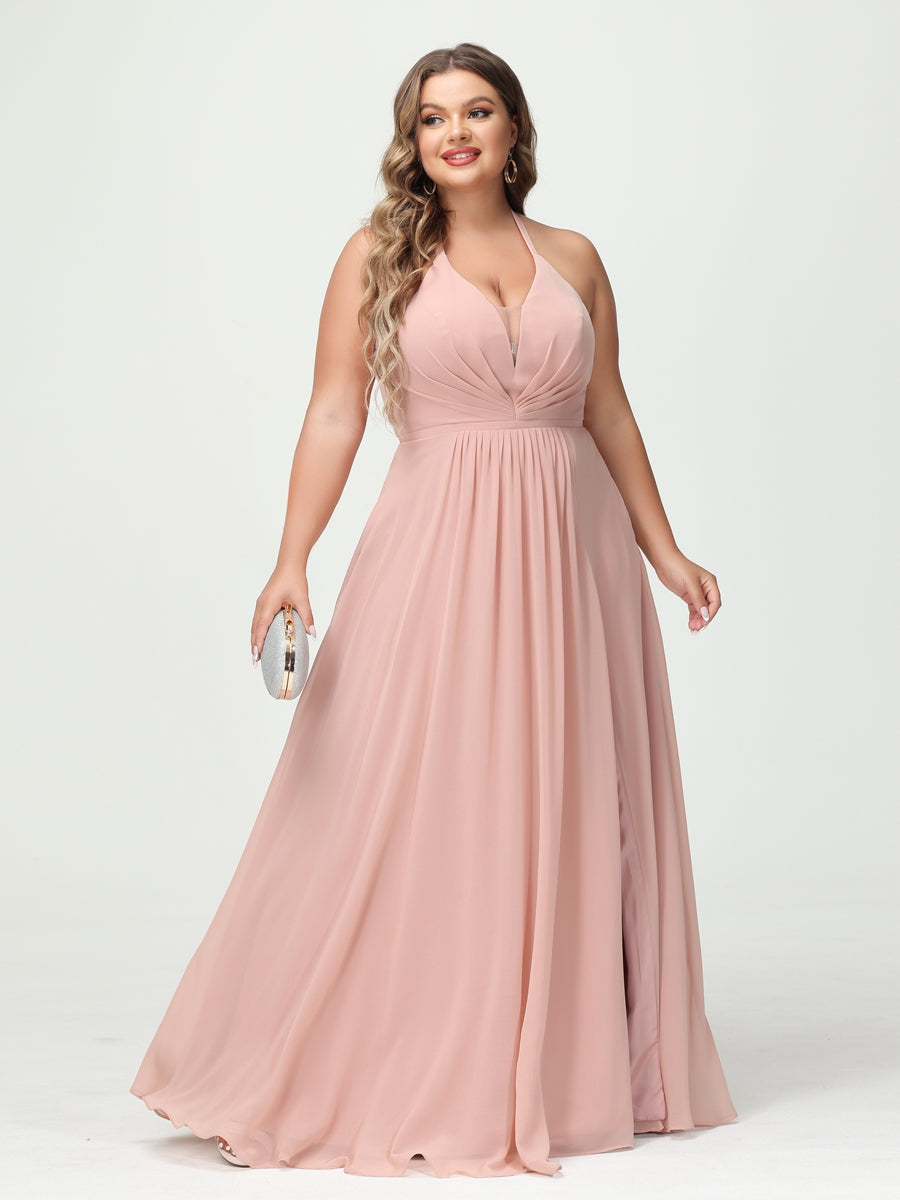 A-Linie/Prinzessin Neckholder Ärmellos Chiffon Gerüscht Seitlich Geschlitzt Übergröße Brautjungfernkleider mit Taschen