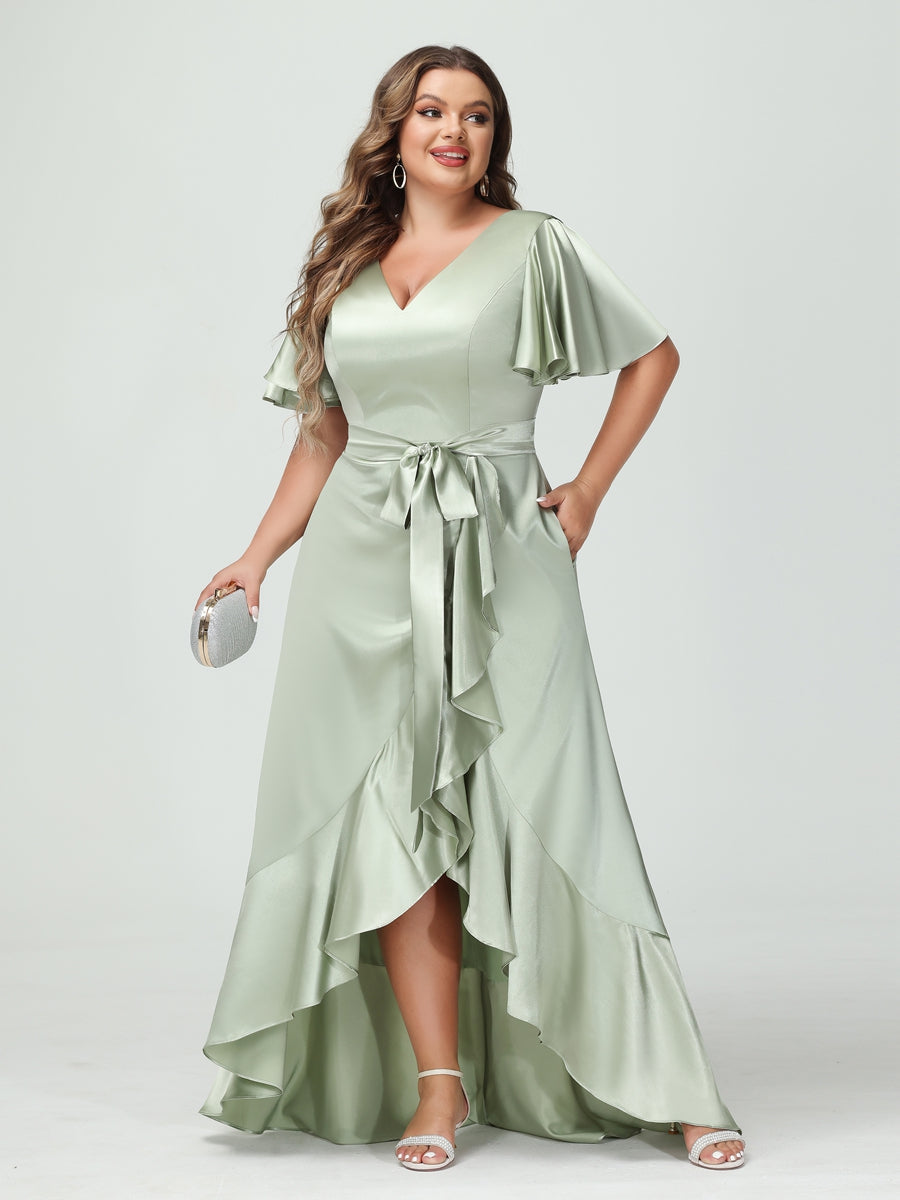 Etui-/Säulen-Kleid mit V-Ausschnitt Kurzen Ärmeln Rüschen Asymmetrischen Kleidern In Übergröße Taschen Und Schärpe