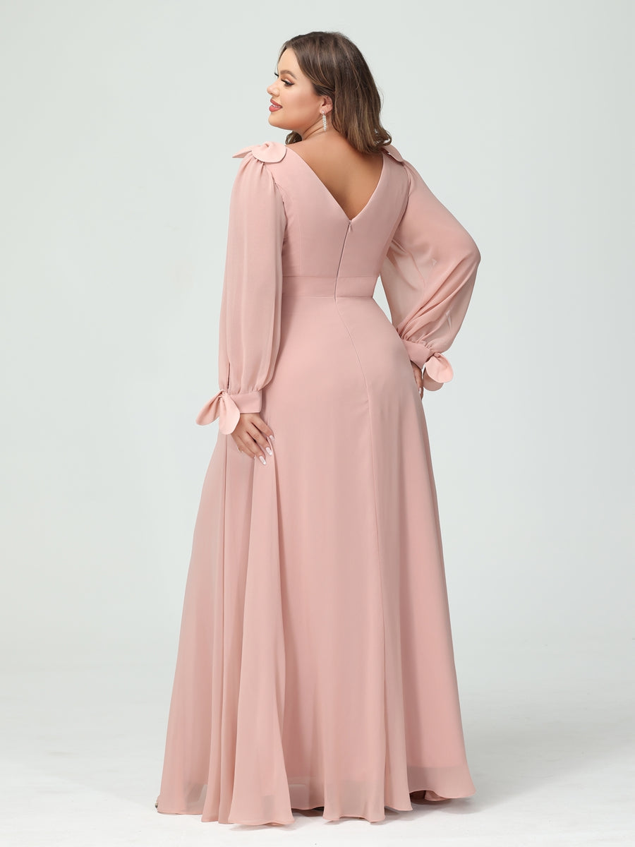 A-Linie/Prinzessin V-Ausschnitt Lange Ärmel Chiffon Seitlich Geschlitzt Übergröße Brautjungfernkleider mit Taschen