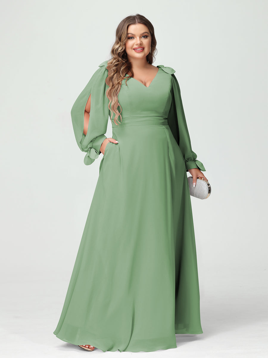 A-Linie/Prinzessin V-Ausschnitt Lange Ärmel Chiffon Seitlich Geschlitzt Übergröße Brautjungfernkleider mit Taschen