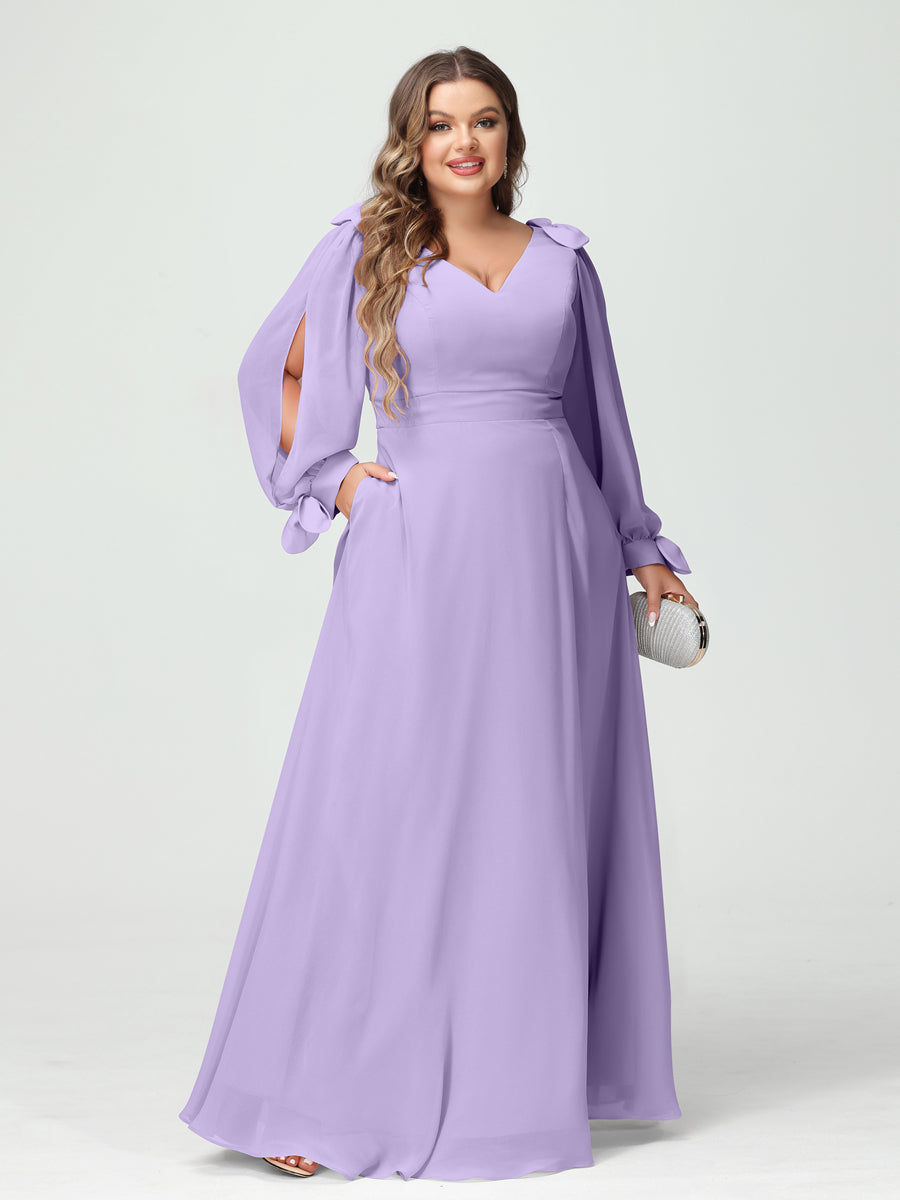A-Linie/Prinzessin V-Ausschnitt Lange Ärmel Chiffon Seitlich Geschlitzt Übergröße Brautjungfernkleider mit Taschen