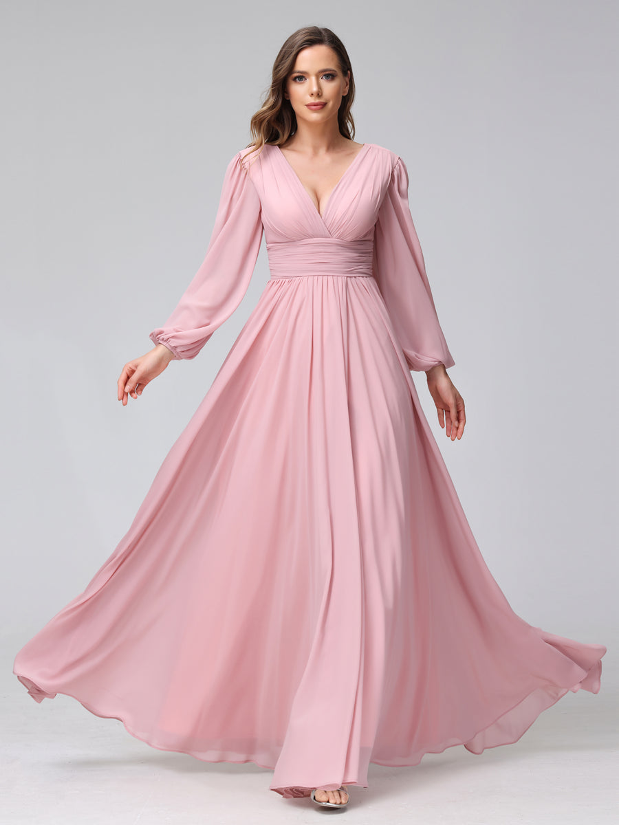 A-Linie V-Ausschnitt Lange Ärmel Lange Brautjungfernkleider aus Chiffon mit Geteilten Seitentaschen