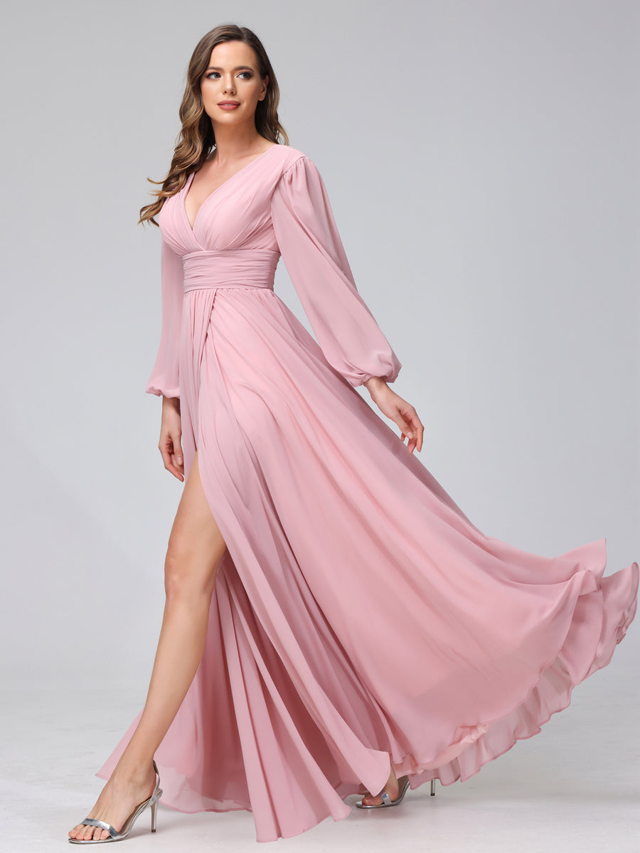 A-Linie V-Ausschnitt Lange Ärmel Lange Brautjungfernkleider aus Chiffon mit Geteilten Seitentaschen