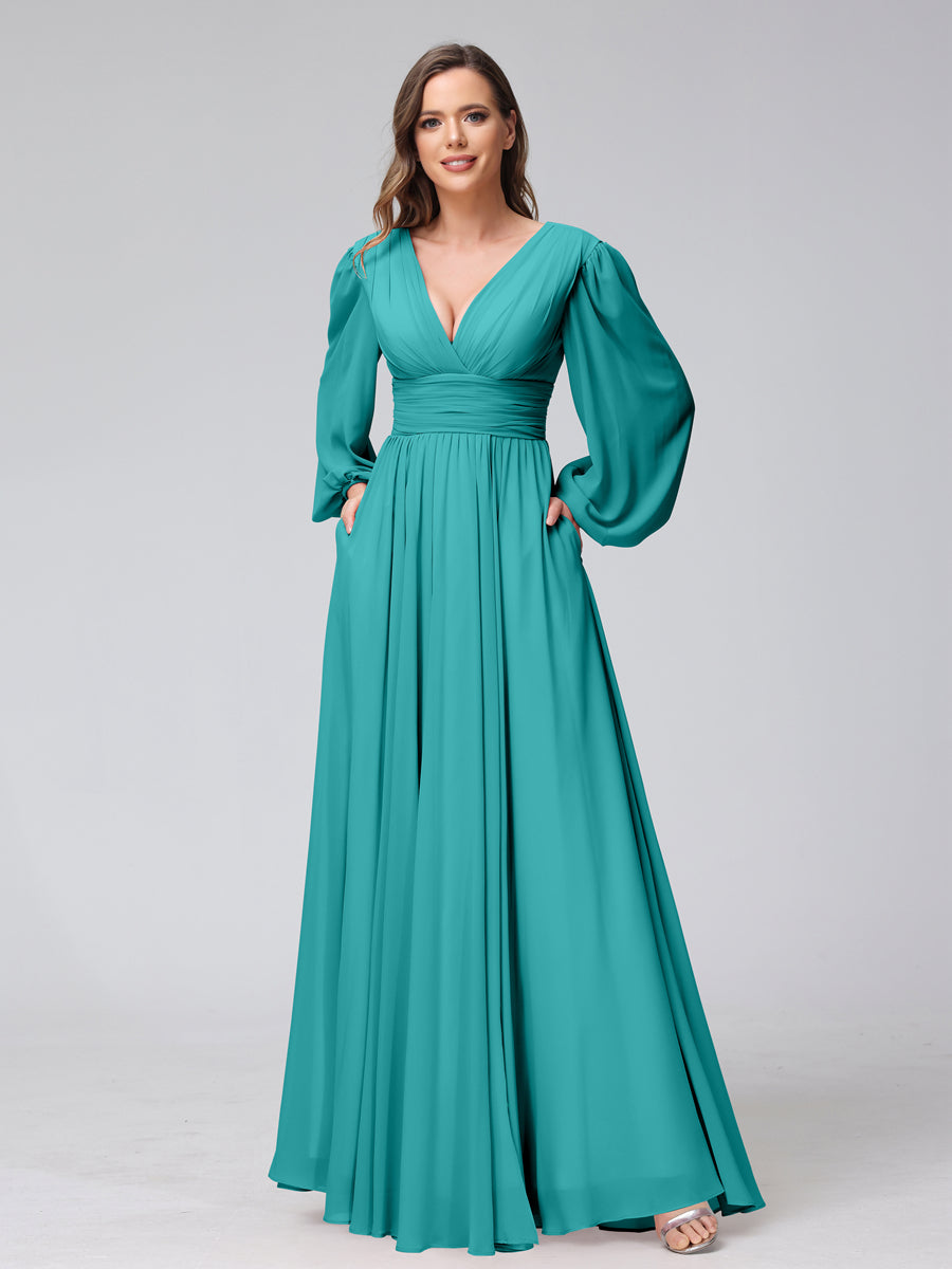 A-Linie V-Ausschnitt Lange Ärmel Lange Brautjungfernkleider aus Chiffon mit Geteilten Seitentaschen