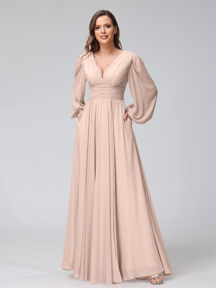 A-Linie V-Ausschnitt Lange Ärmel Lange Brautjungfernkleider aus Chiffon mit Geteilten Seitentaschen