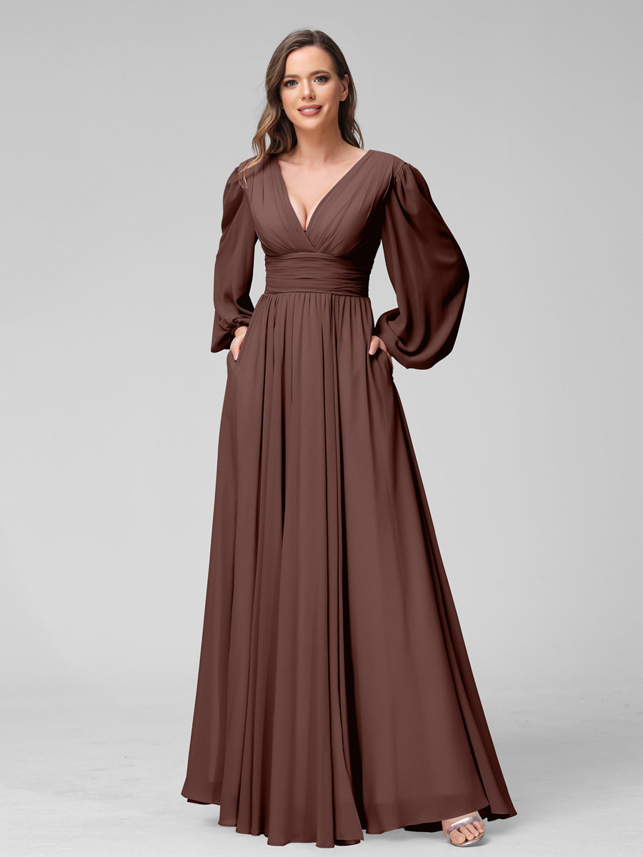 A-Linie V-Ausschnitt Lange Ärmel Lange Brautjungfernkleider aus Chiffon mit Geteilten Seitentaschen