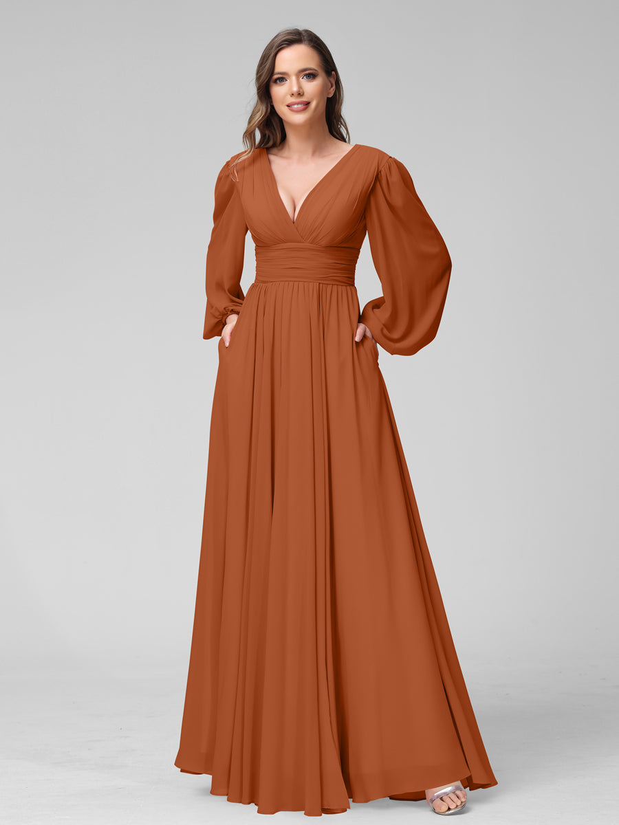 A-Linie V-Ausschnitt Lange Ärmel Lange Brautjungfernkleider aus Chiffon mit Geteilten Seitentaschen
