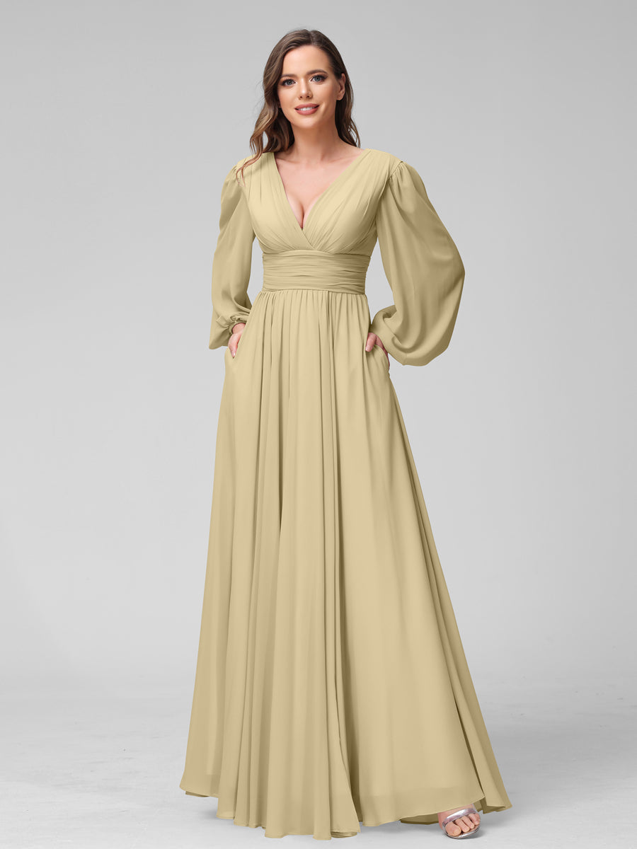 A-Linie V-Ausschnitt Lange Ärmel Lange Brautjungfernkleider aus Chiffon mit Geteilten Seitentaschen