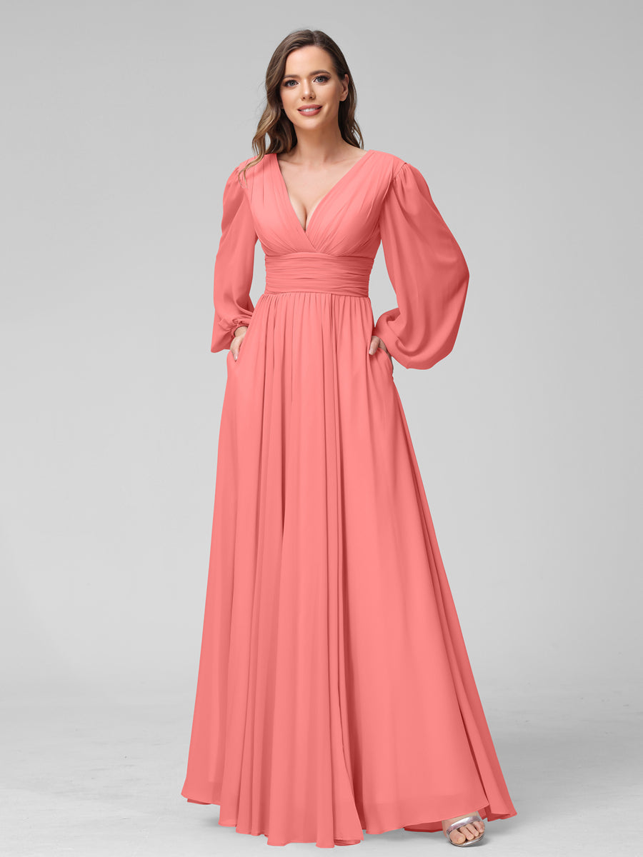 A-Linie V-Ausschnitt Lange Ärmel Lange Brautjungfernkleider aus Chiffon mit Geteilten Seitentaschen