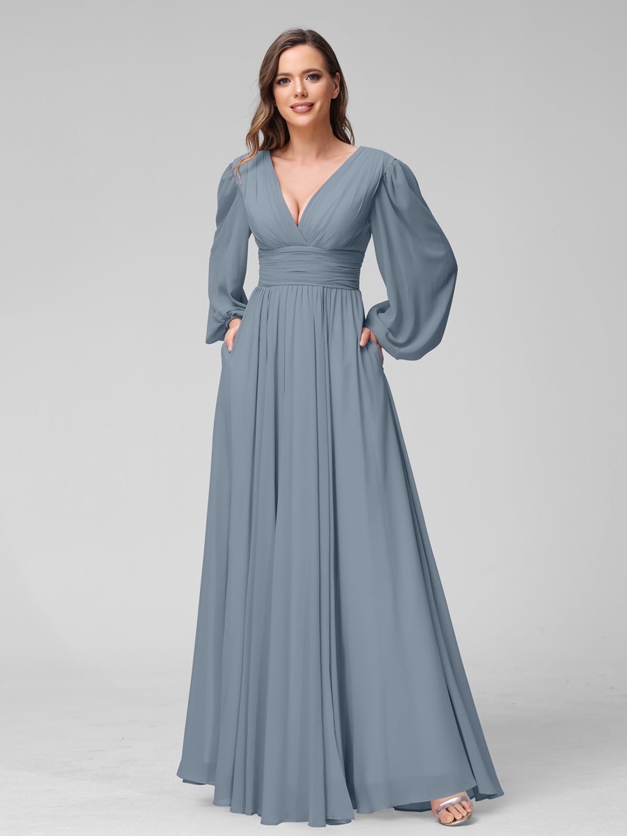 A-Linie V-Ausschnitt Lange Ärmel Lange Brautjungfernkleider aus Chiffon mit Geteilten Seitentaschen