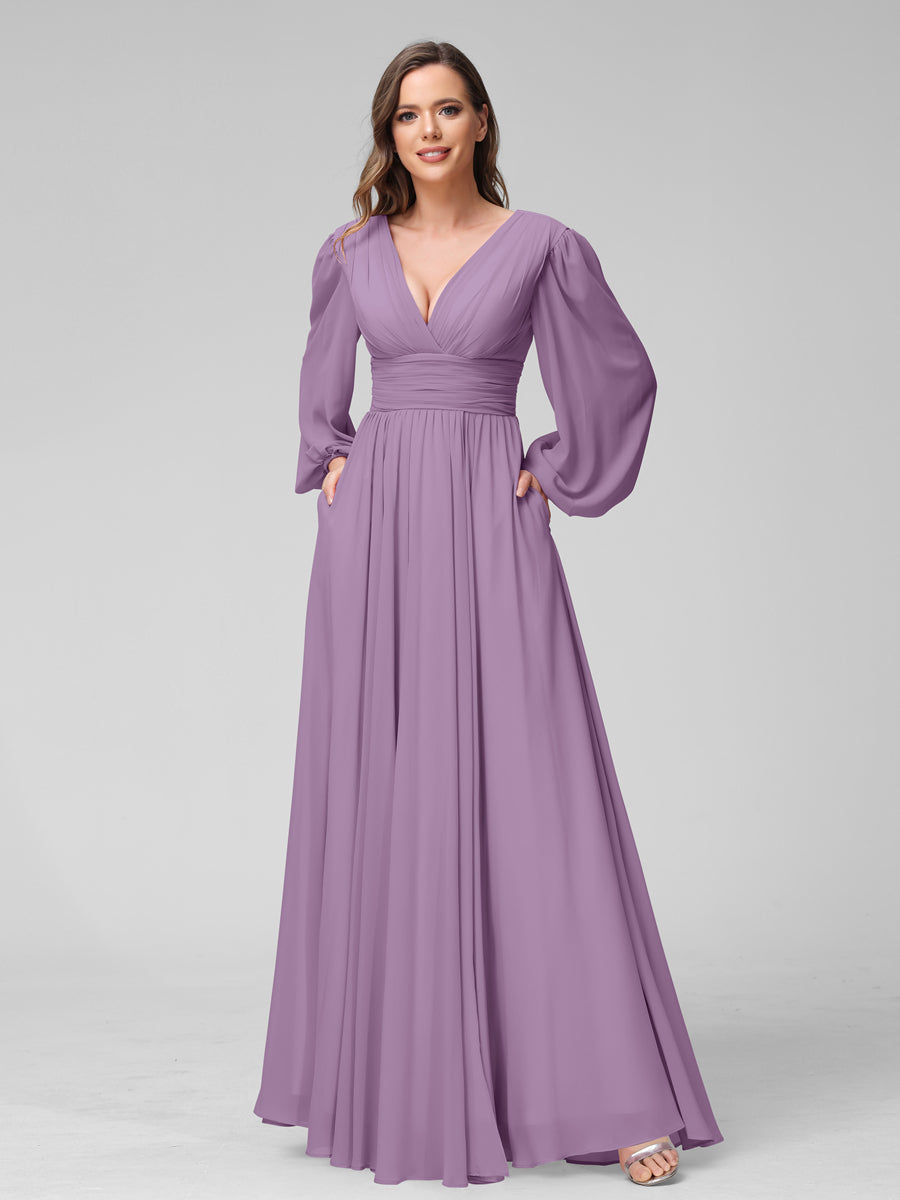A-Linie V-Ausschnitt Lange Ärmel Lange Brautjungfernkleider aus Chiffon mit Geteilten Seitentaschen