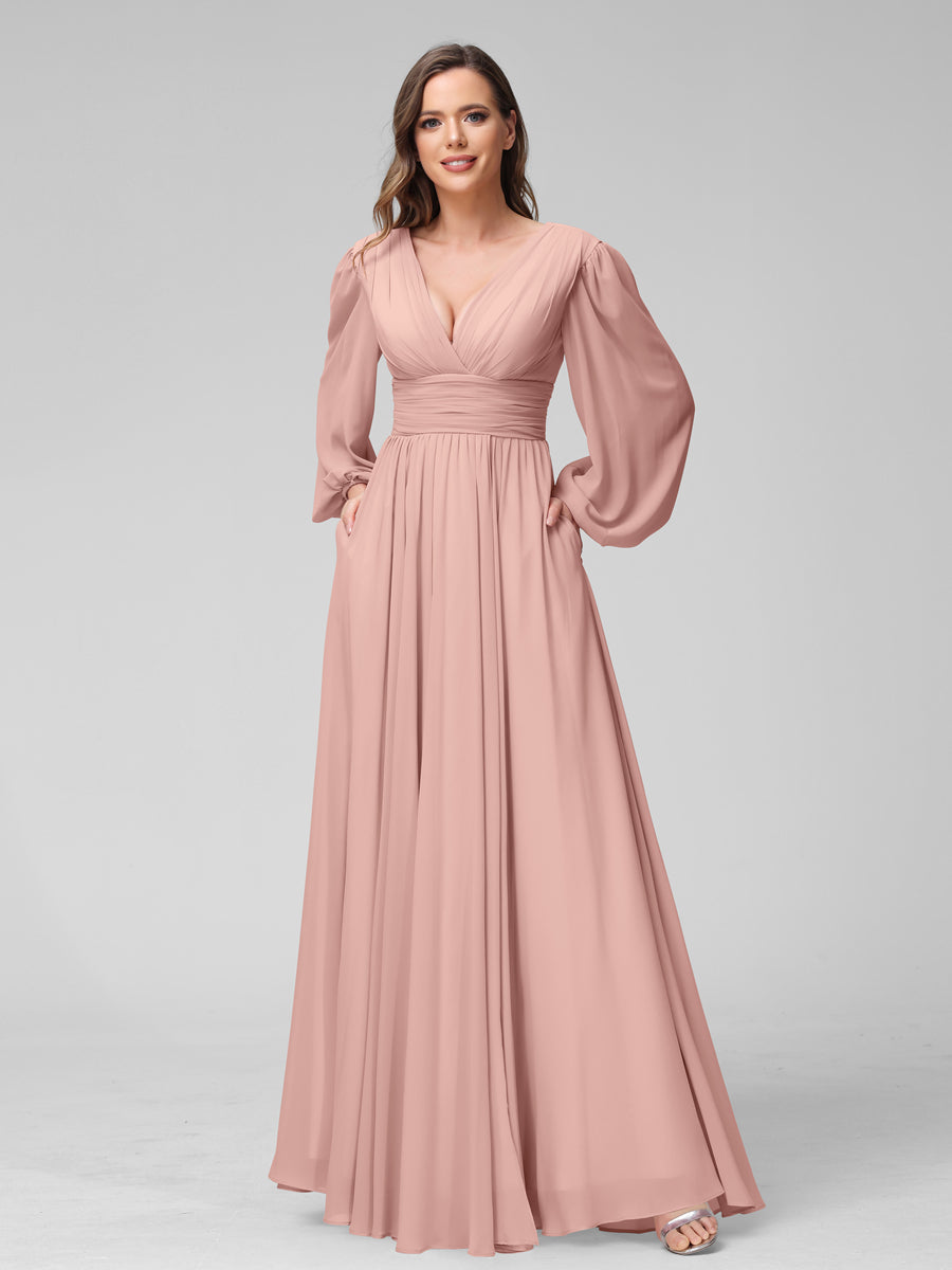 A-Linie V-Ausschnitt Lange Ärmel Lange Brautjungfernkleider aus Chiffon mit Geteilten Seitentaschen