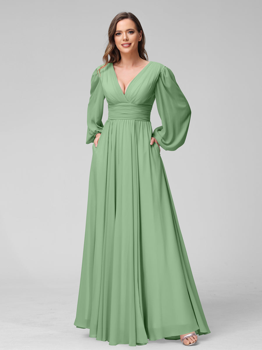 A-Linie V-Ausschnitt Lange Ärmel Lange Brautjungfernkleider aus Chiffon mit Geteilten Seitentaschen