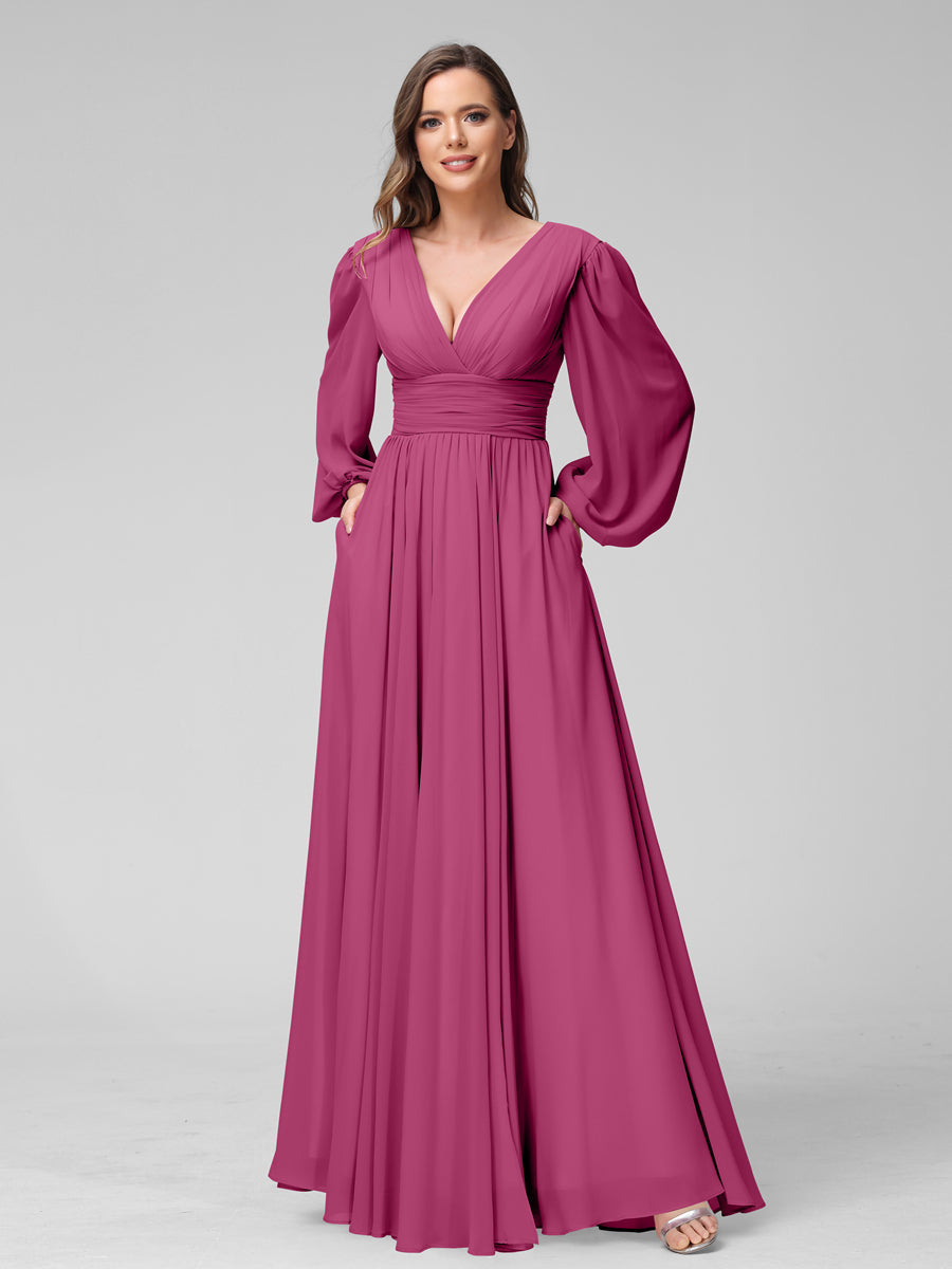 A-Linie V-Ausschnitt Lange Ärmel Lange Brautjungfernkleider aus Chiffon mit Geteilten Seitentaschen