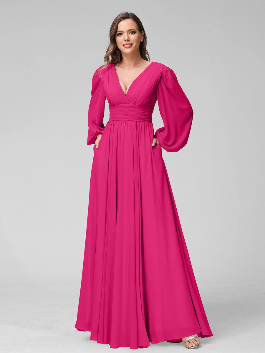 A-Linie V-Ausschnitt Lange Ärmel Lange Brautjungfernkleider aus Chiffon mit Geteilten Seitentaschen