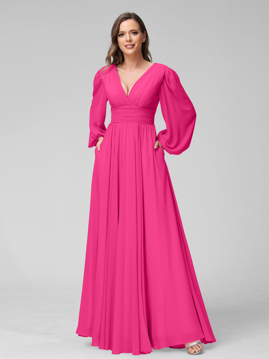 A-Linie V-Ausschnitt Lange Ärmel Lange Brautjungfernkleider aus Chiffon mit Geteilten Seitentaschen