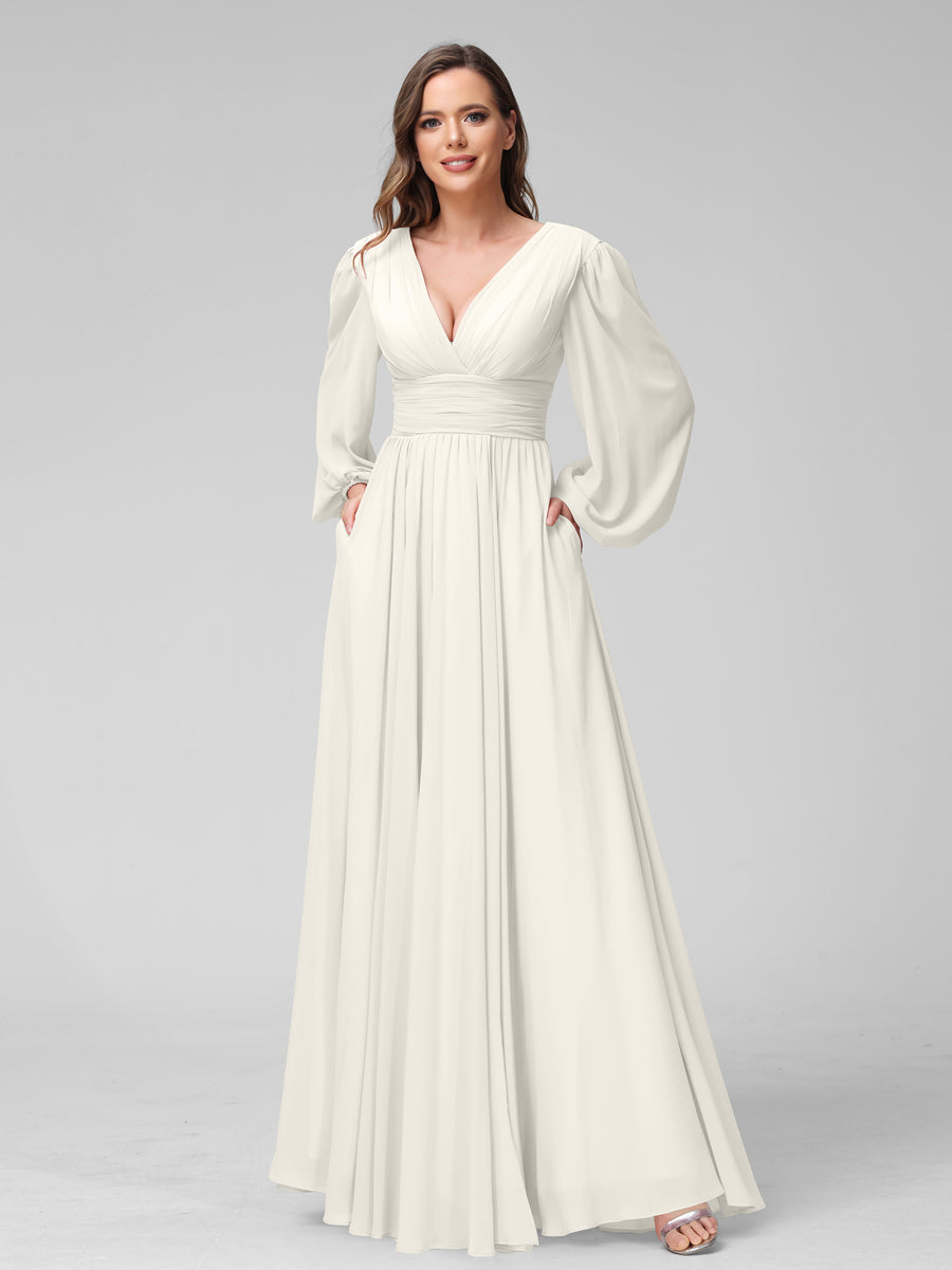 A-Linie V-Ausschnitt Lange Ärmel Lange Brautjungfernkleider aus Chiffon mit Geteilten Seitentaschen