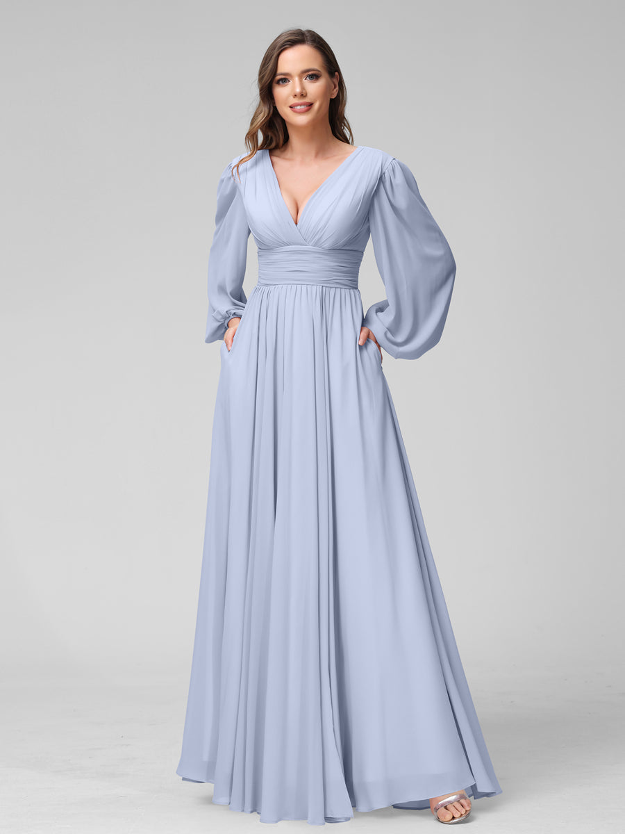 A-Linie V-Ausschnitt Lange Ärmel Lange Brautjungfernkleider aus Chiffon mit Geteilten Seitentaschen