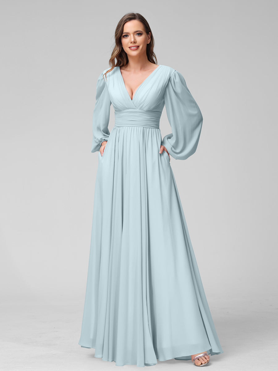 A-Linie V-Ausschnitt Lange Ärmel Lange Brautjungfernkleider aus Chiffon mit Geteilten Seitentaschen