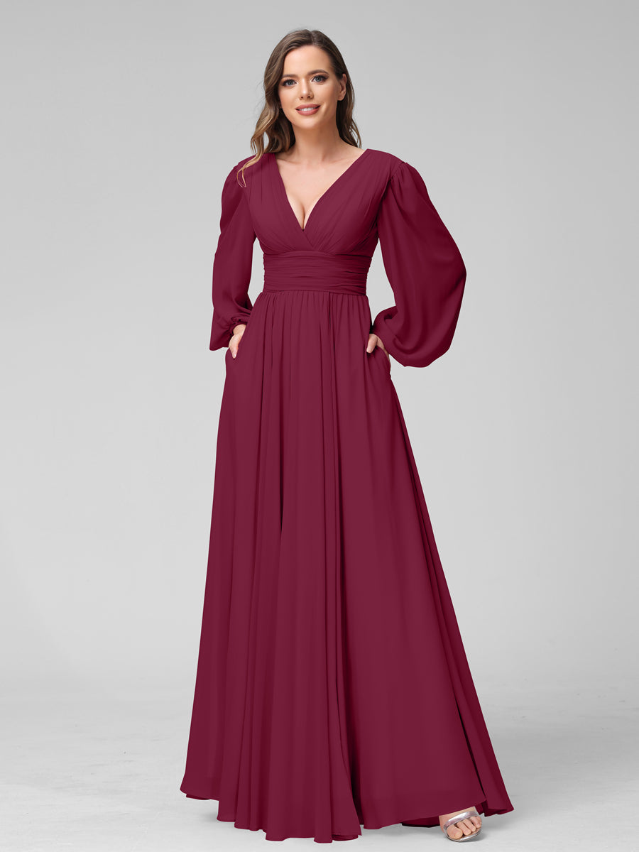 A-Linie V-Ausschnitt Lange Ärmel Lange Brautjungfernkleider aus Chiffon mit Geteilten Seitentaschen