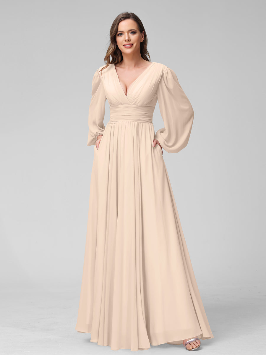A-Linie V-Ausschnitt Lange Ärmel Lange Brautjungfernkleider aus Chiffon mit Geteilten Seitentaschen