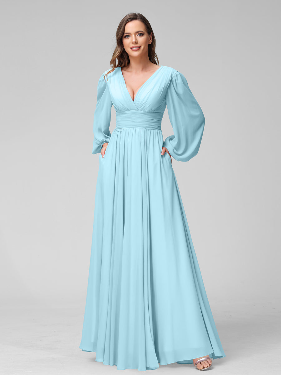 A-Linie V-Ausschnitt Lange Ärmel Lange Brautjungfernkleider aus Chiffon mit Geteilten Seitentaschen