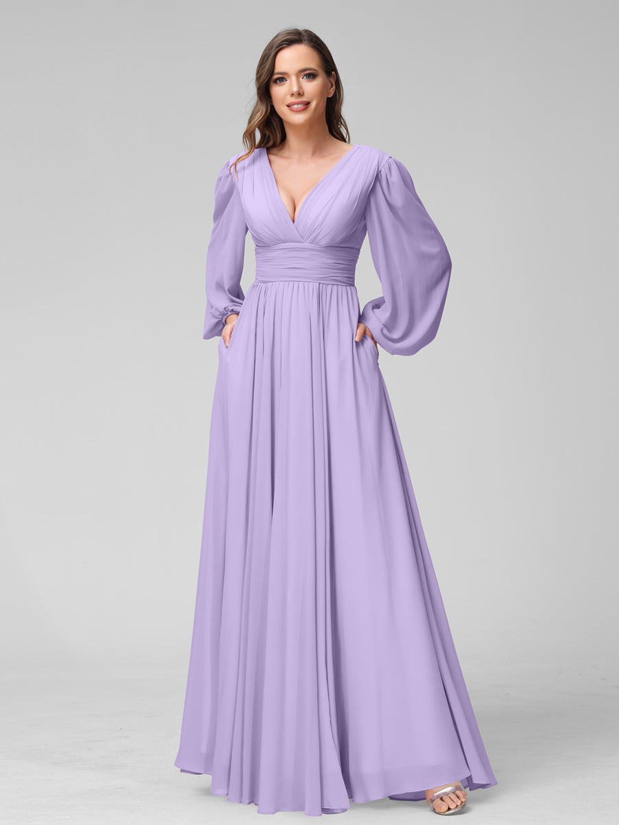A-Linie V-Ausschnitt Lange Ärmel Lange Brautjungfernkleider aus Chiffon mit Geteilten Seitentaschen