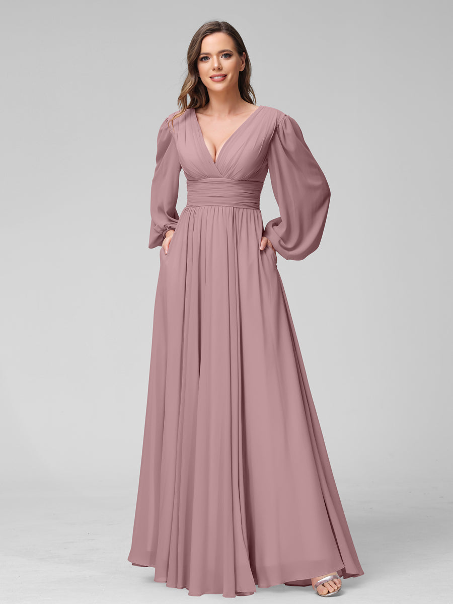 A-Linie V-Ausschnitt Lange Ärmel Lange Brautjungfernkleider aus Chiffon mit Geteilten Seitentaschen