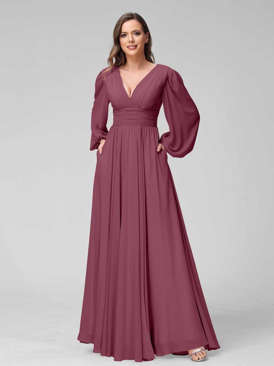 A-Linie V-Ausschnitt Lange Ärmel Lange Brautjungfernkleider aus Chiffon mit Geteilten Seitentaschen