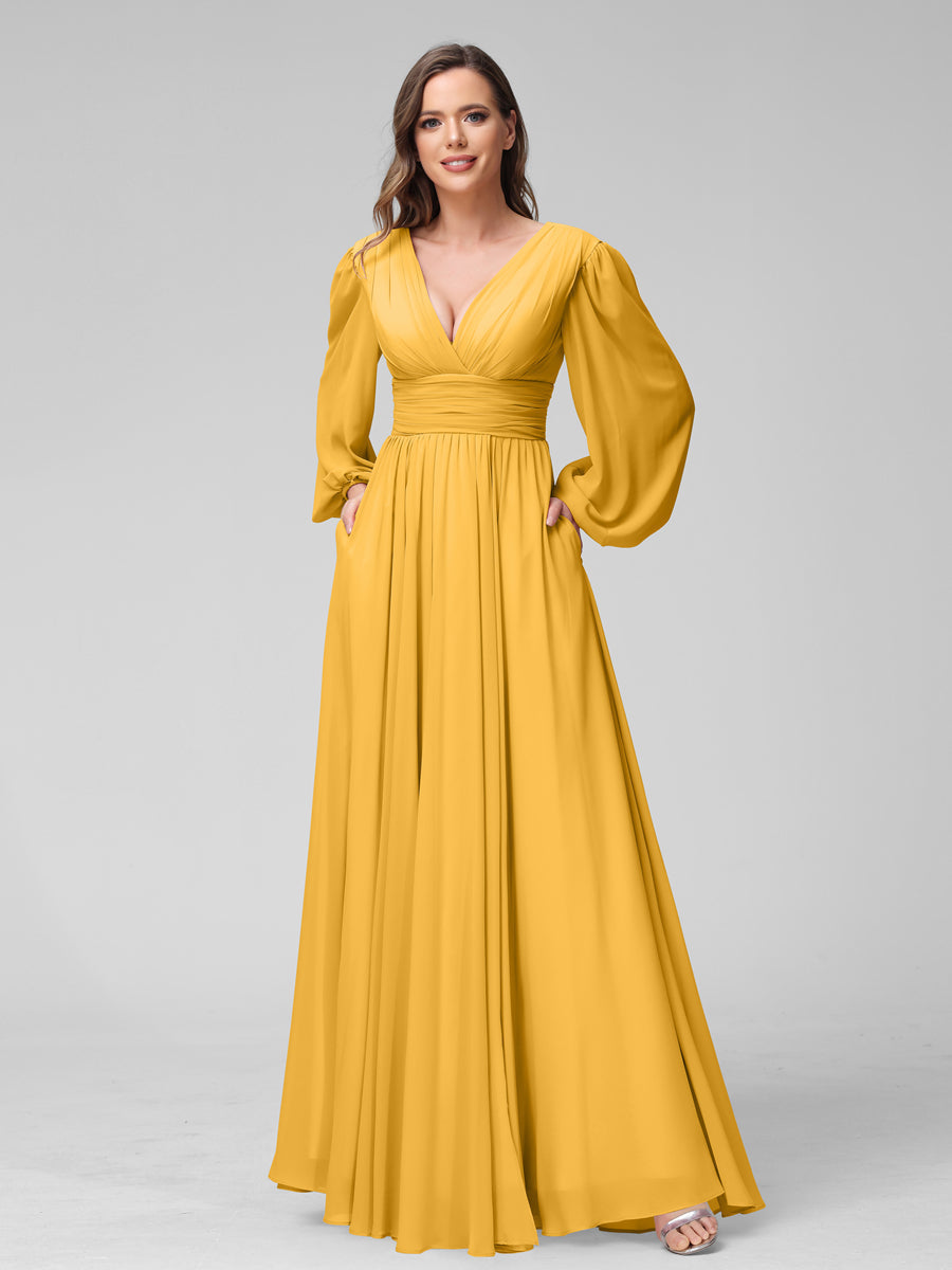 A-Linie V-Ausschnitt Lange Ärmel Lange Brautjungfernkleider aus Chiffon mit Geteilten Seitentaschen