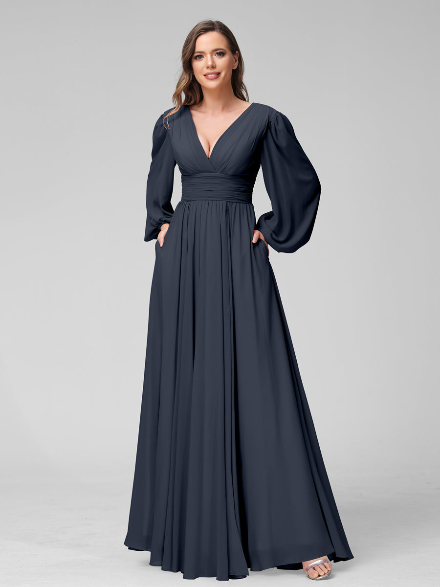 A-Linie V-Ausschnitt Lange Ärmel Lange Brautjungfernkleider aus Chiffon mit Geteilten Seitentaschen