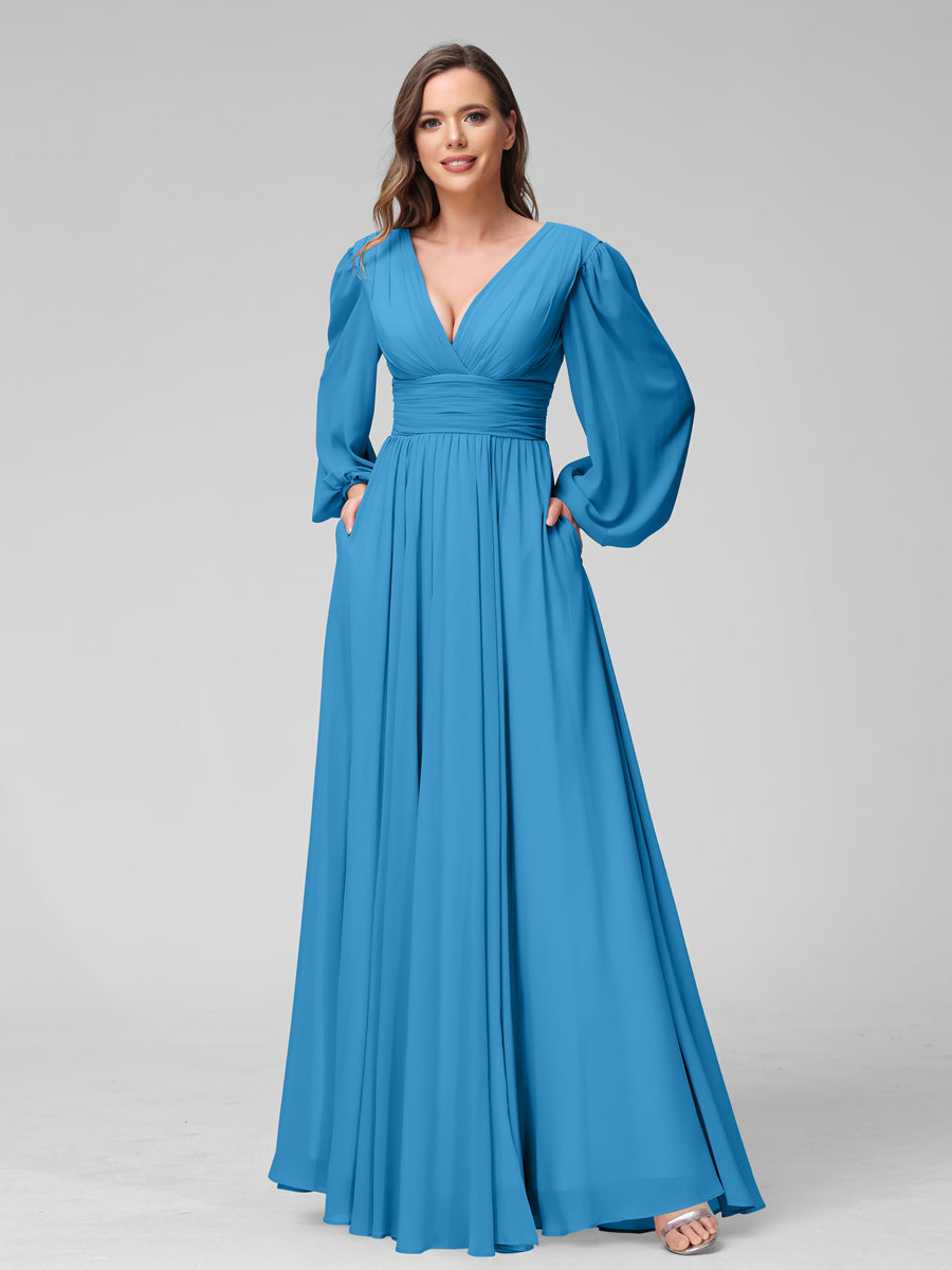 A-Linie V-Ausschnitt Lange Ärmel Lange Brautjungfernkleider aus Chiffon mit Geteilten Seitentaschen