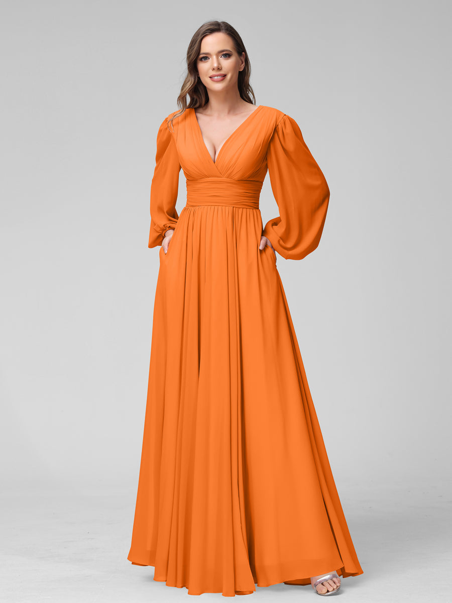 A-Linie V-Ausschnitt Lange Ärmel Lange Brautjungfernkleider aus Chiffon mit Geteilten Seitentaschen