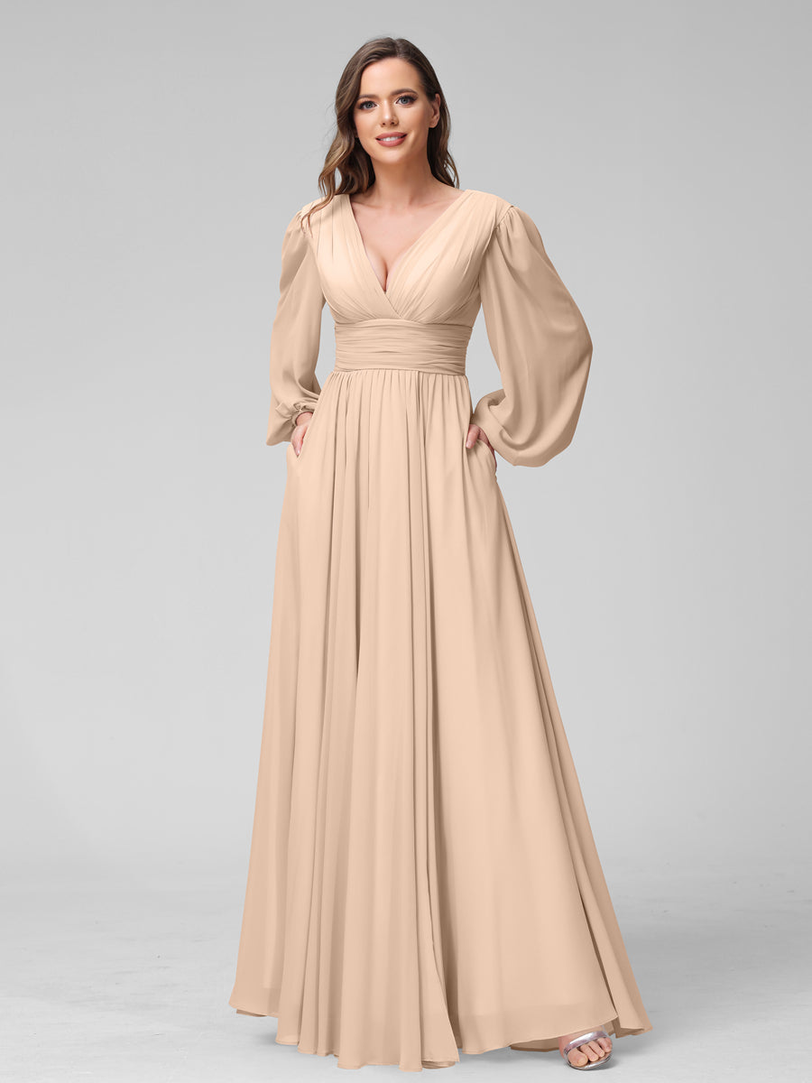 A-Linie V-Ausschnitt Lange Ärmel Lange Brautjungfernkleider aus Chiffon mit Geteilten Seitentaschen
