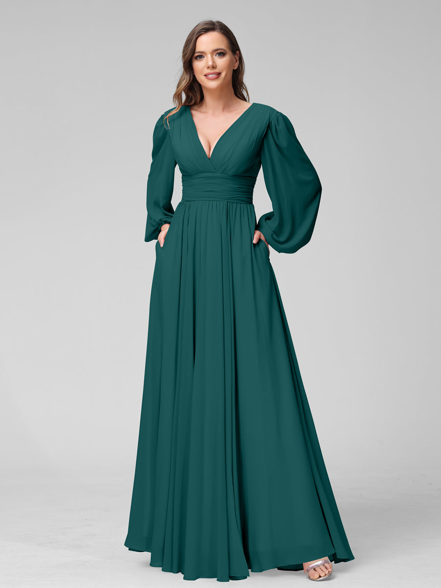 A-Linie V-Ausschnitt Lange Ärmel Lange Brautjungfernkleider aus Chiffon mit Geteilten Seitentaschen