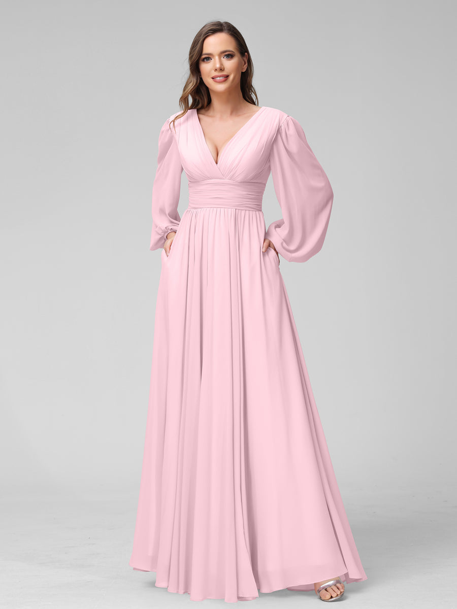 A-Linie V-Ausschnitt Lange Ärmel Lange Brautjungfernkleider aus Chiffon mit Geteilten Seitentaschen