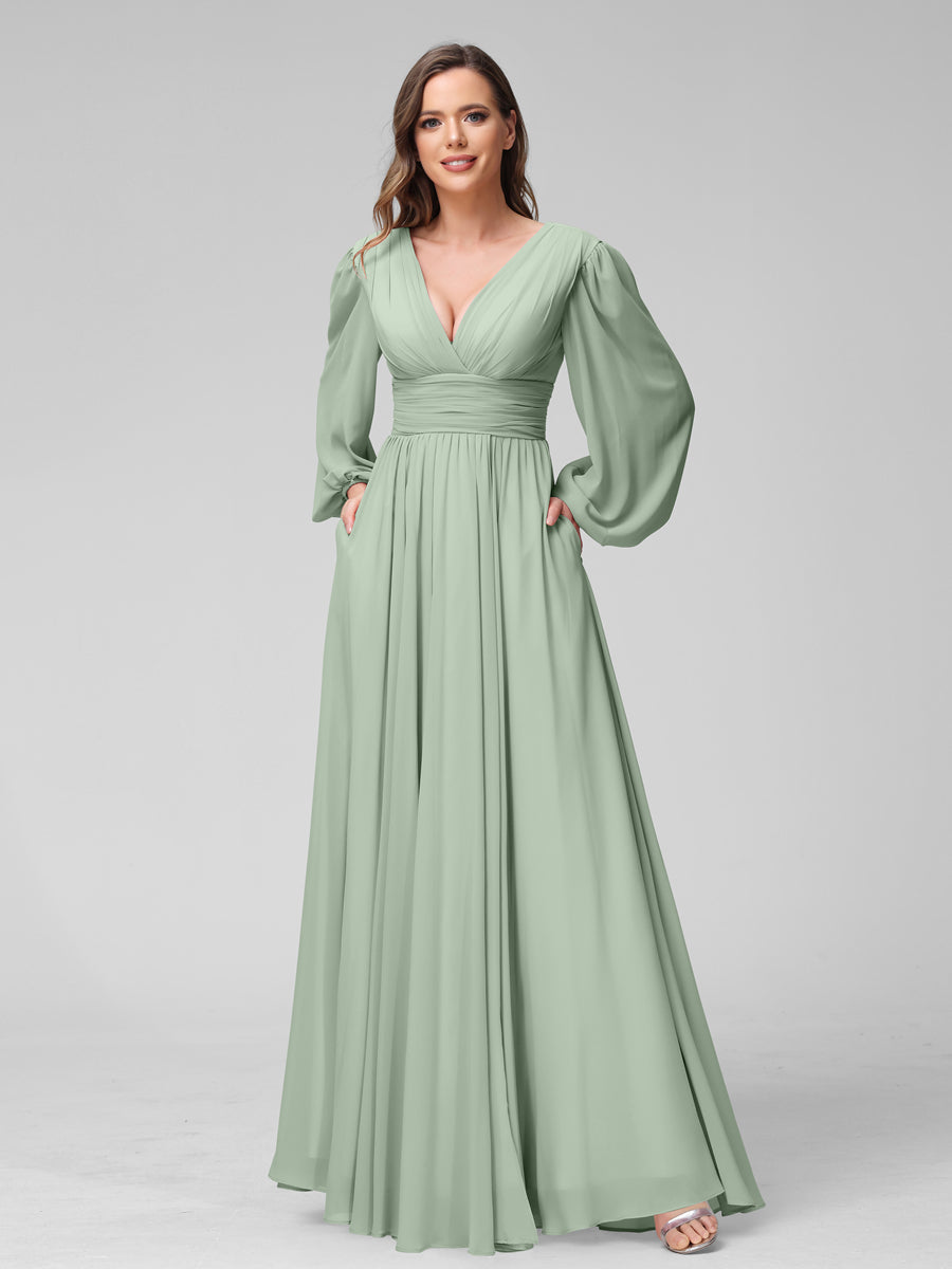 A-Linie V-Ausschnitt Lange Ärmel Lange Brautjungfernkleider aus Chiffon mit Geteilten Seitentaschen