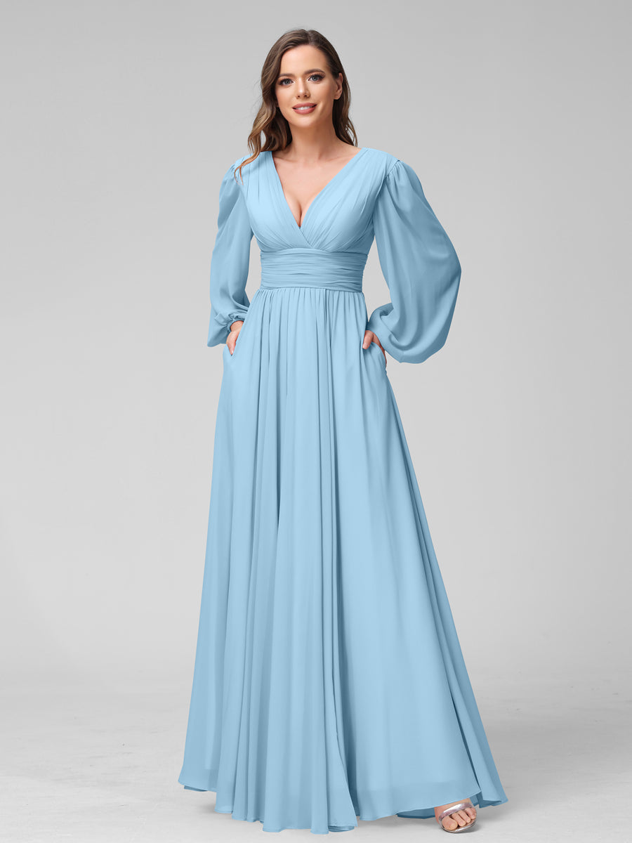 A-Linie V-Ausschnitt Lange Ärmel Lange Brautjungfernkleider aus Chiffon mit Geteilten Seitentaschen