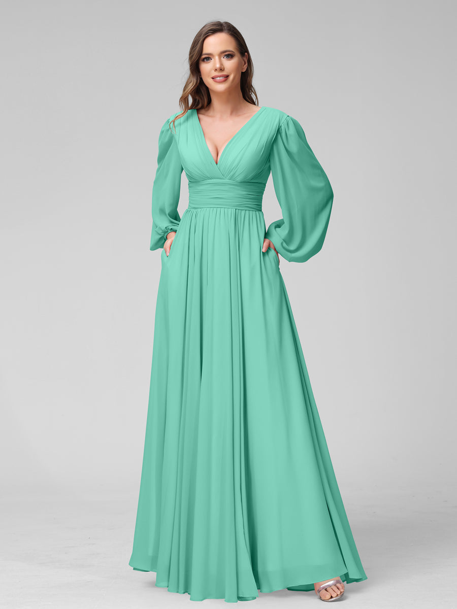 A-Linie V-Ausschnitt Lange Ärmel Lange Brautjungfernkleider aus Chiffon mit Geteilten Seitentaschen