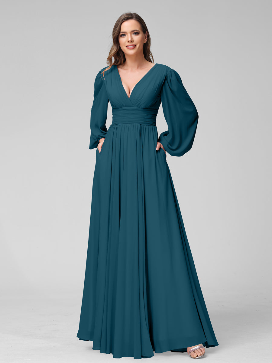 A-Linie V-Ausschnitt Lange Ärmel Lange Brautjungfernkleider aus Chiffon mit Geteilten Seitentaschen