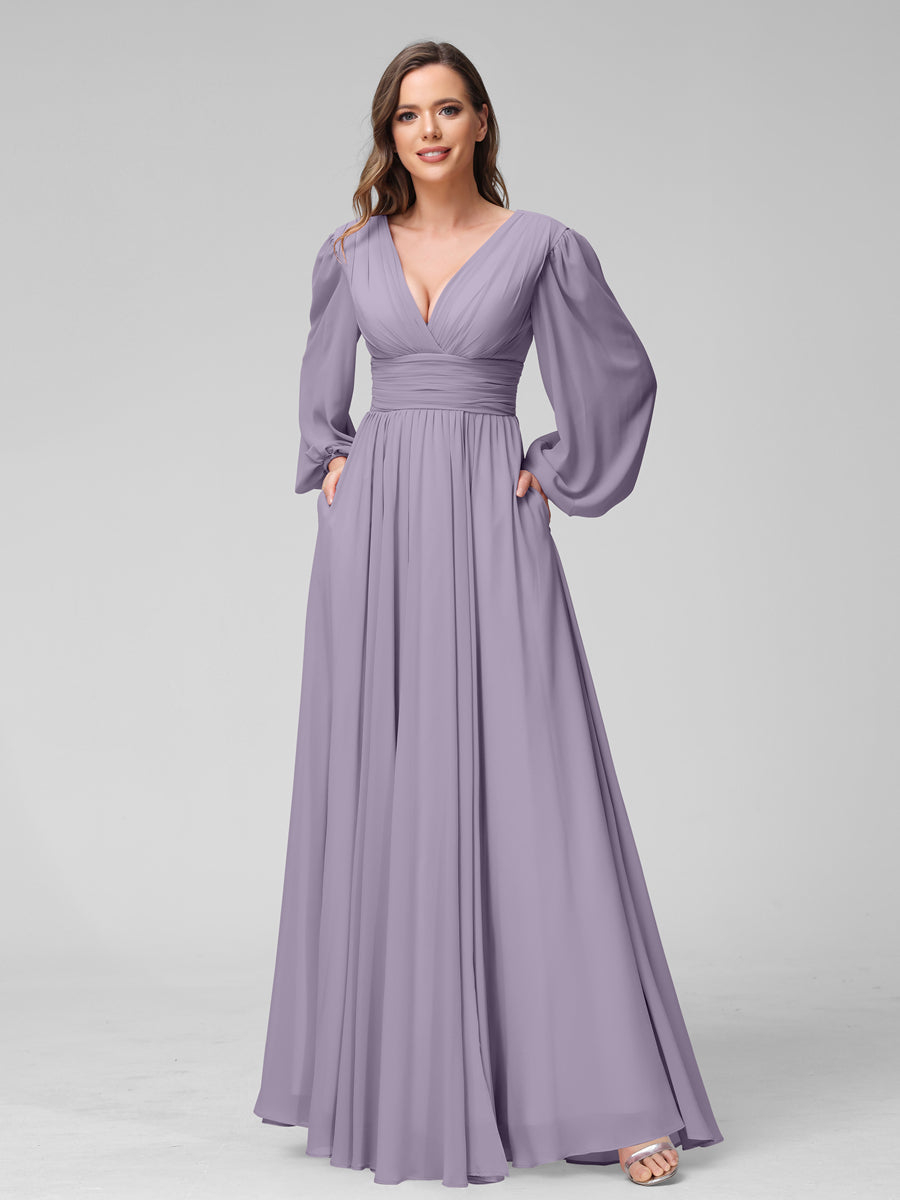 A-Linie V-Ausschnitt Lange Ärmel Lange Brautjungfernkleider aus Chiffon mit Geteilten Seitentaschen