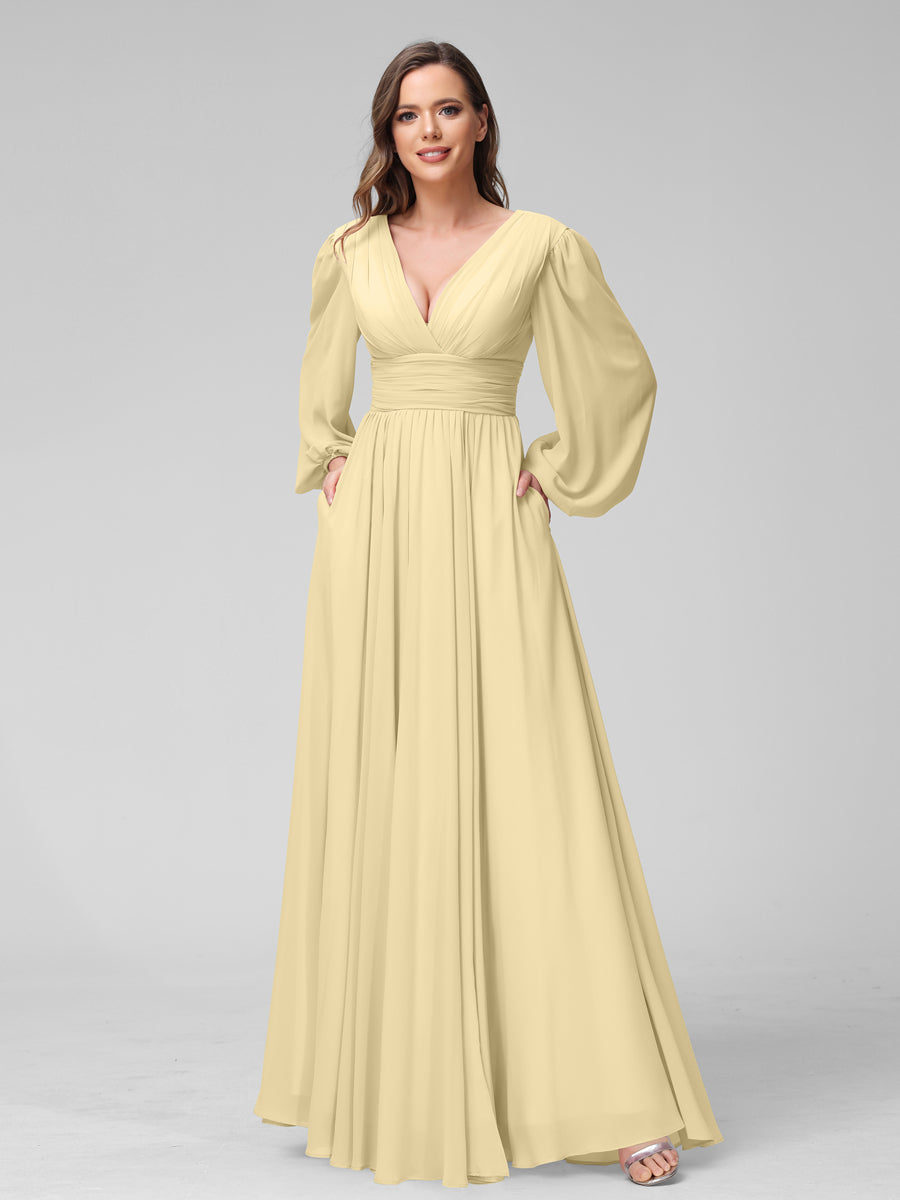 A-Linie V-Ausschnitt Lange Ärmel Lange Brautjungfernkleider aus Chiffon mit Geteilten Seitentaschen