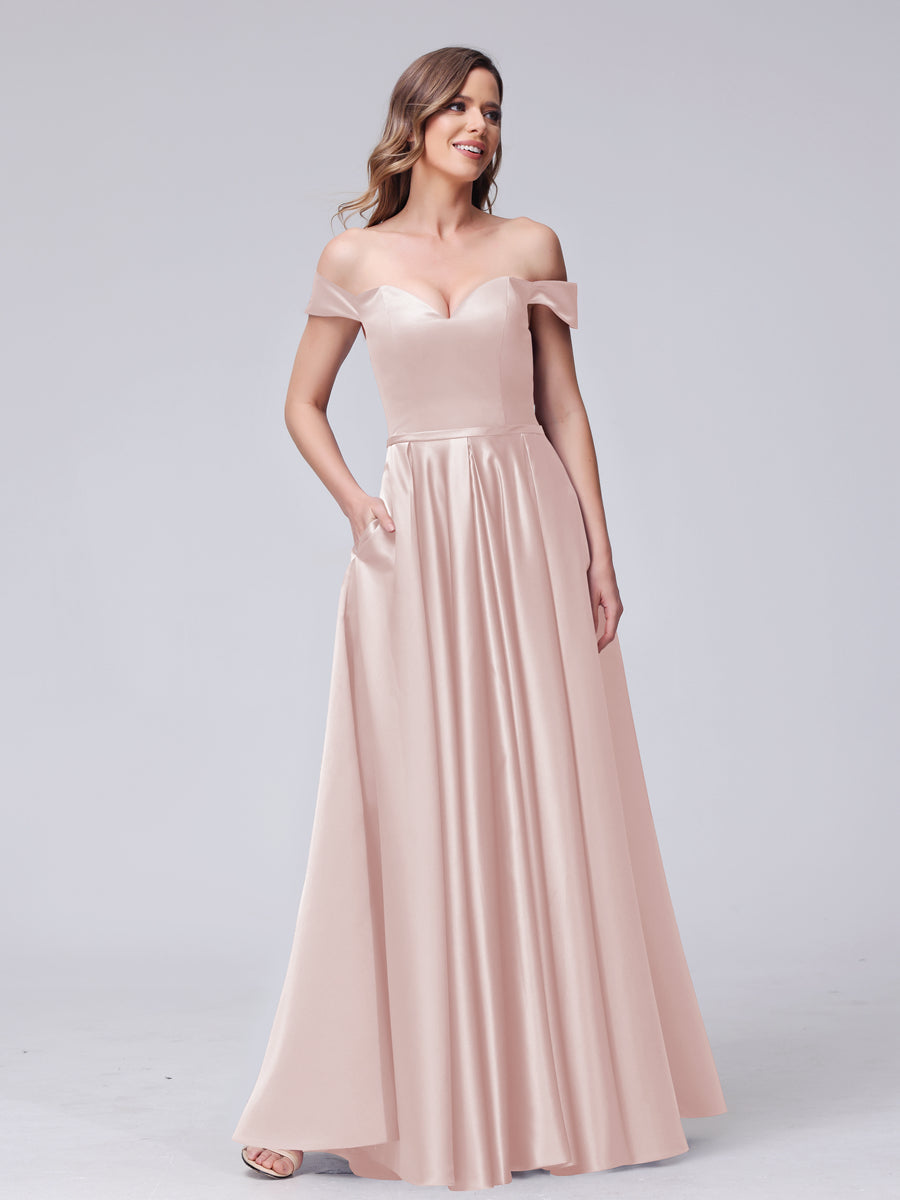 A-Linie Schulterfreies Herzförmiges Satin-Maxikleid mit Taschen