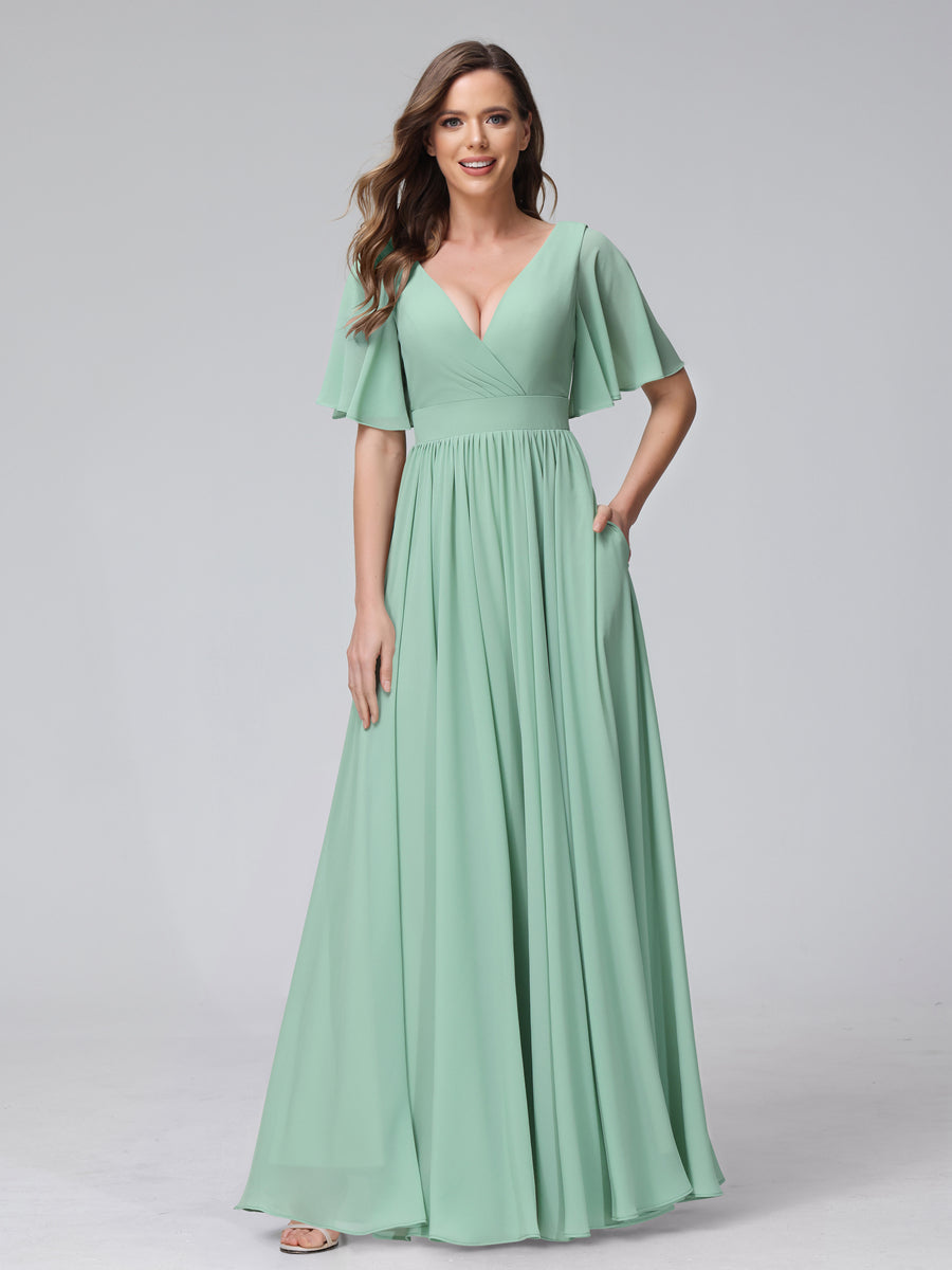 A-Linie V-Ausschnitt Halbe Ärmel Lange Chiffon-Brautjungfernkleider mit Rüschen Geteilten Seitentaschen