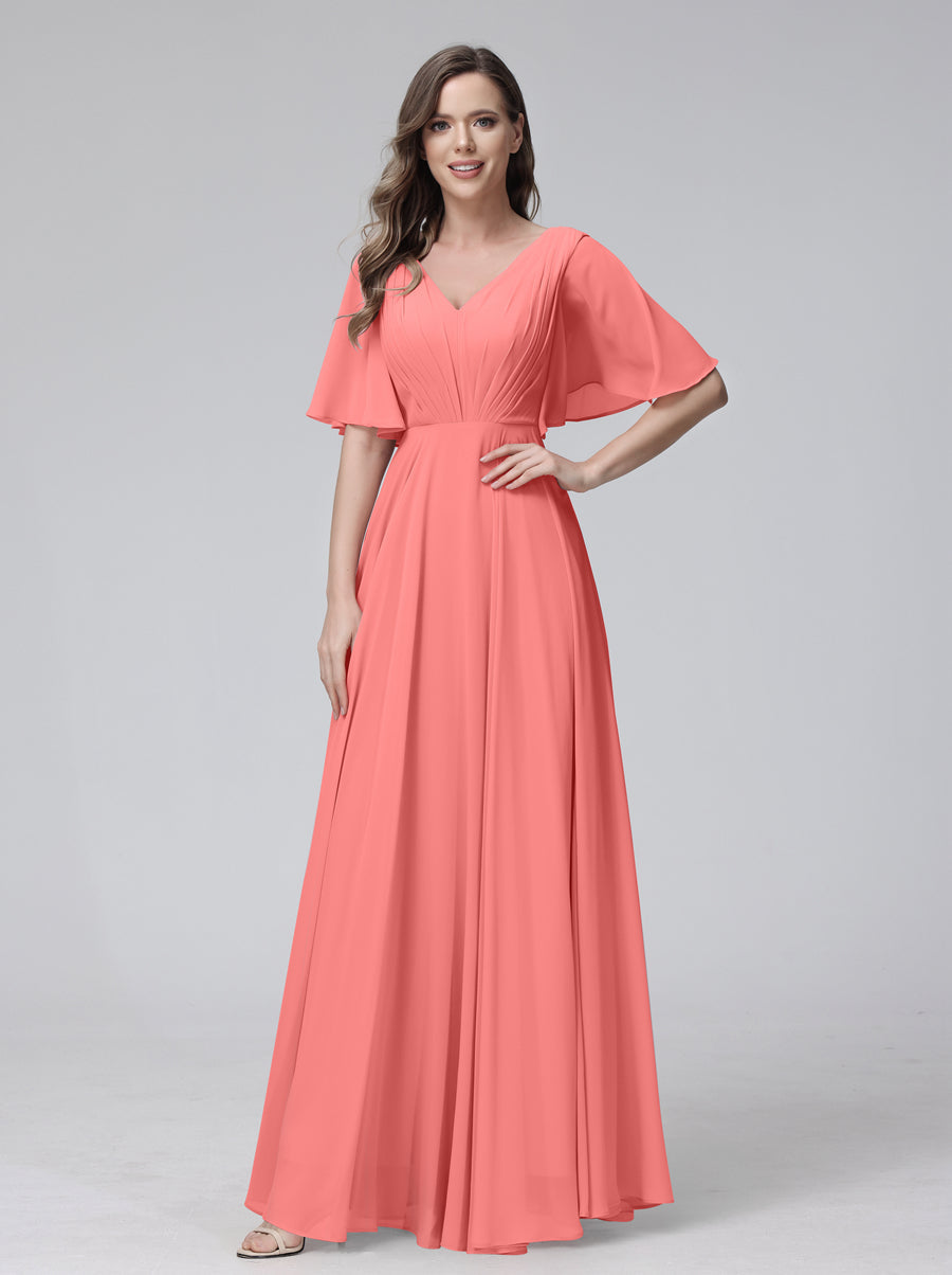 A-Linie V-Ausschnitt Halbe Ärmel Lange Chiffon-Brautjungfernkleider mit Rüschentaschen